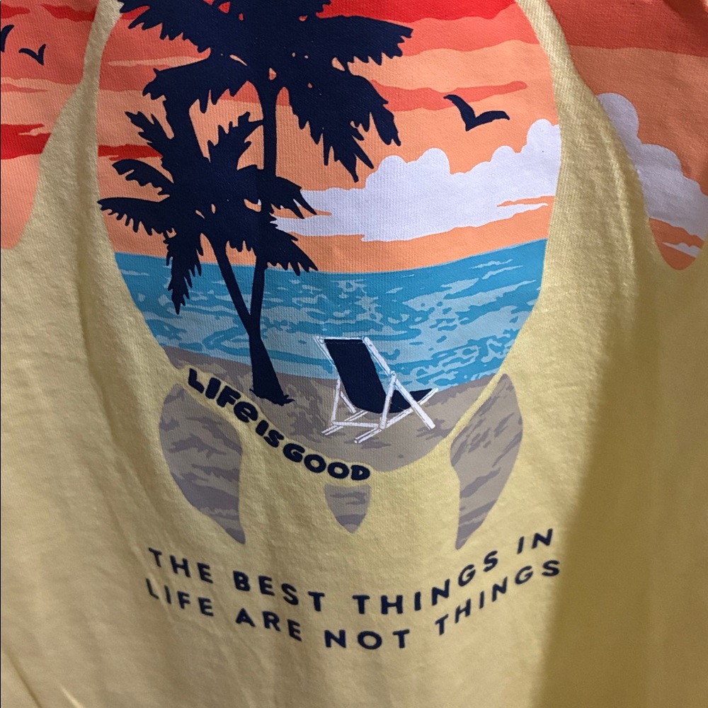 Life Is Good Yellow T-Shirt with Beach Scene - Picture 2 of 3